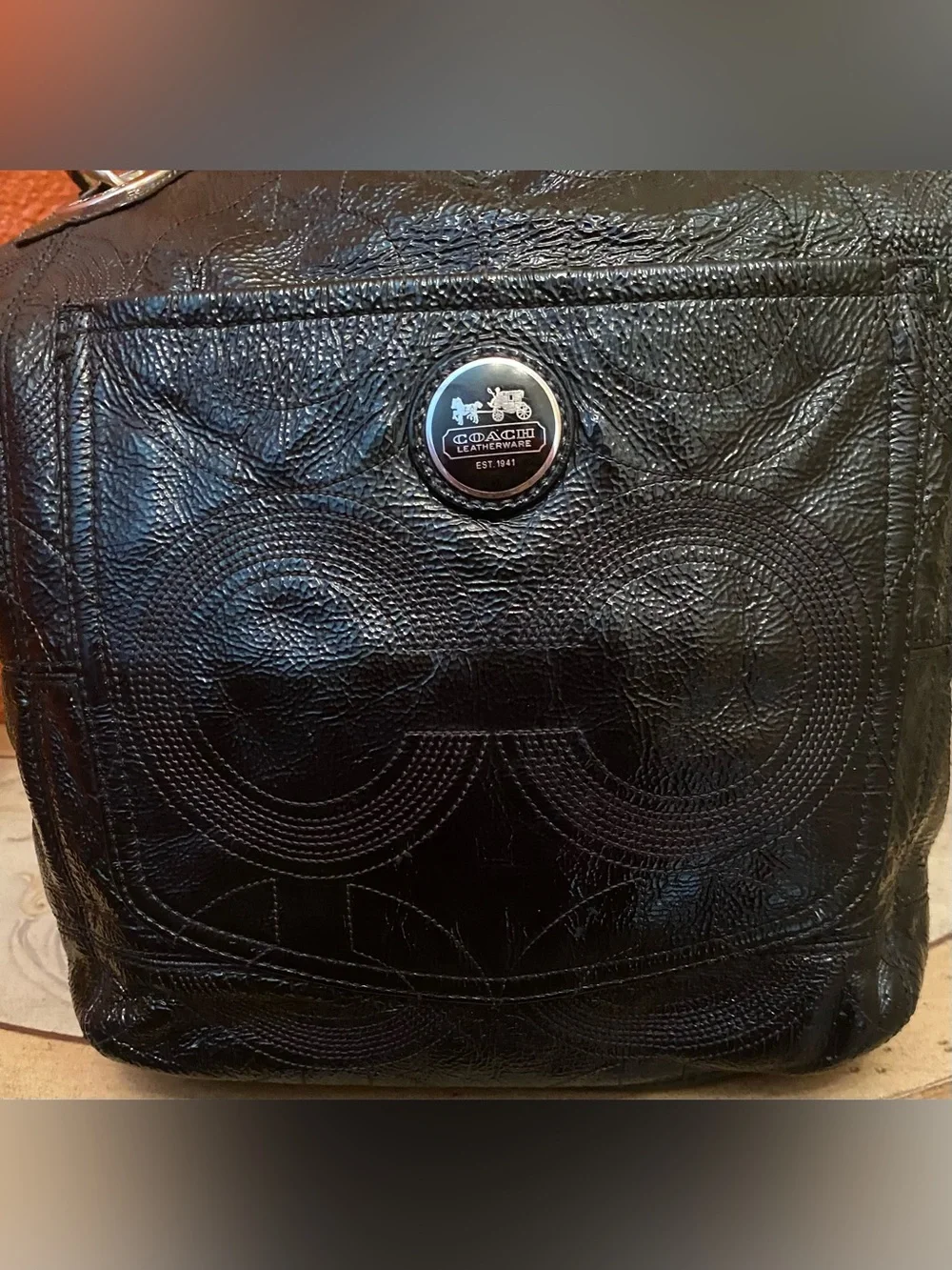 Coach -EUC- Y2K- Alex Signature Black Patent Leather Double Handle Shoulder Bag